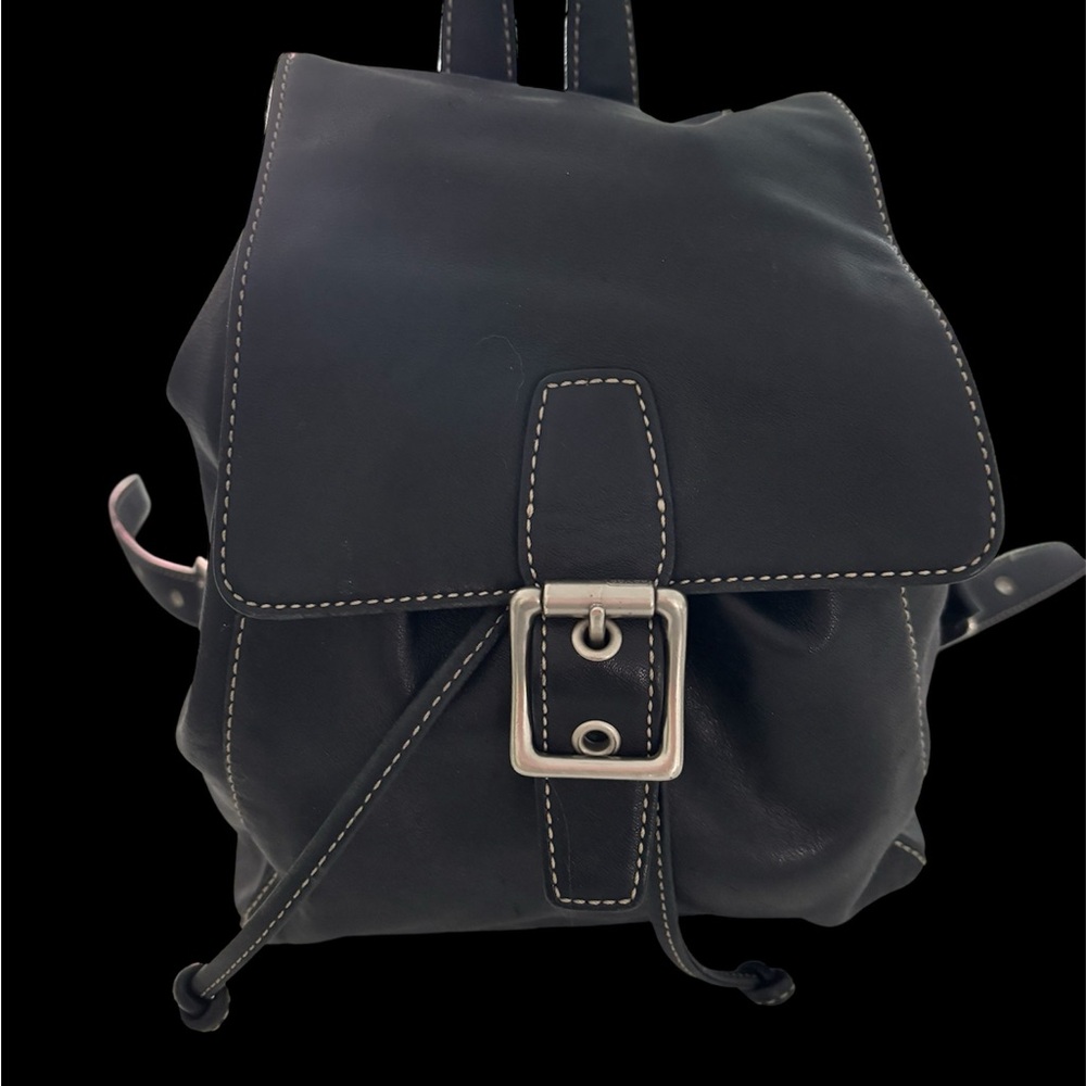 Coach 9569 Vintage Black Leather Drawstring Closure Backpack With Buckle Detail